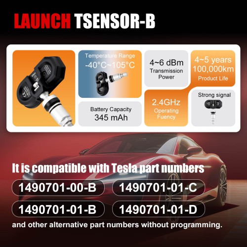 LAUNCH TSENSOR-B Programming-free Bluetooth Tire Pressure Sensor for Tesla (Adjustable Angle, Frosted Silver)