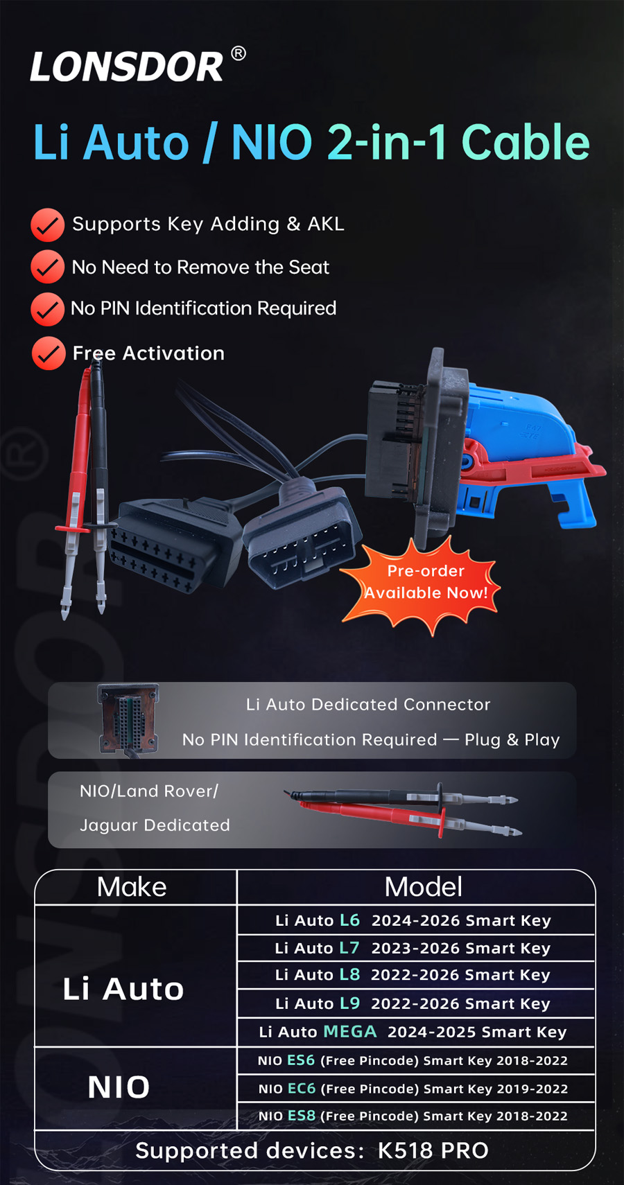LONSDOR Li Auto / NlO 2-in-1 Cable Used with K518 PRO Supports Key Adding & AKL